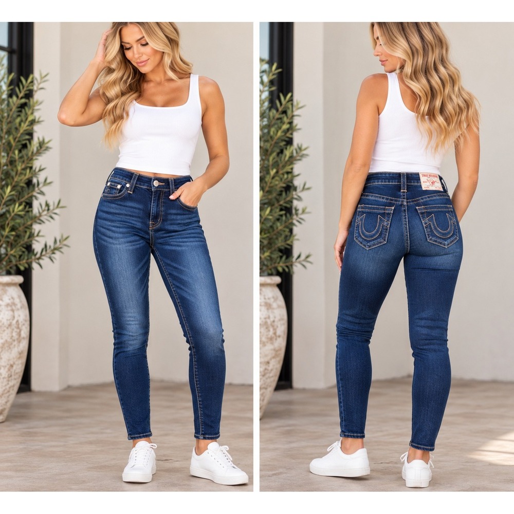 True Religion Jennie Curvy Mid Rise Super Skinny Jeans Dark Wash Size 25 NWT